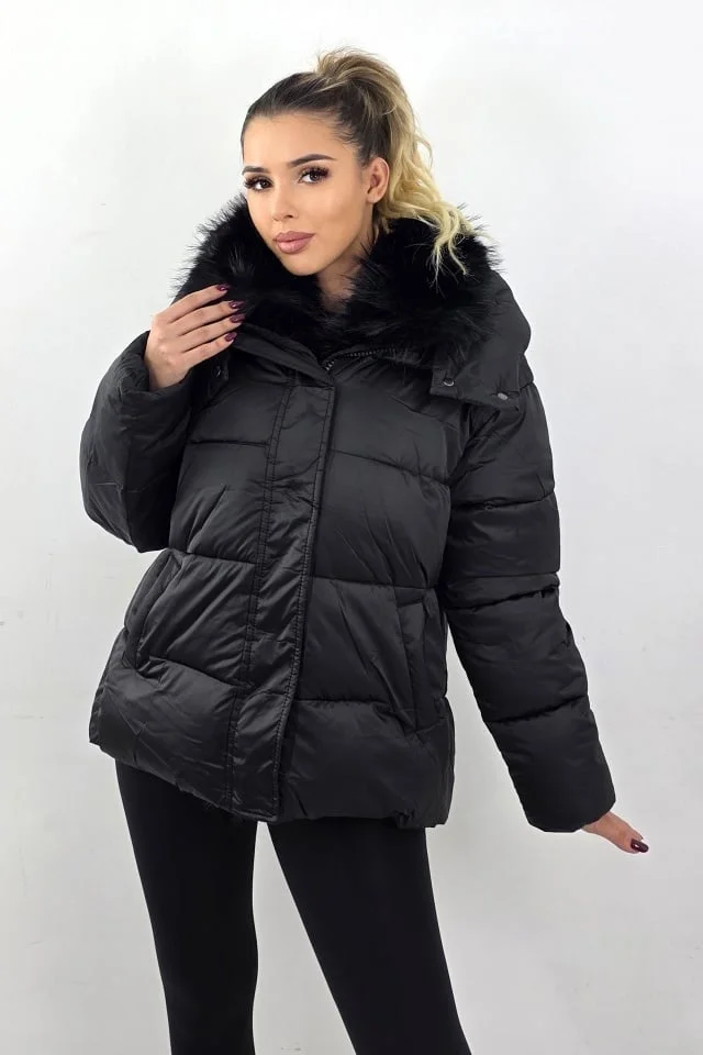 Geaca groasa, asimetrica SoReal, cu gluga detasabila si garnitura blana, Negru