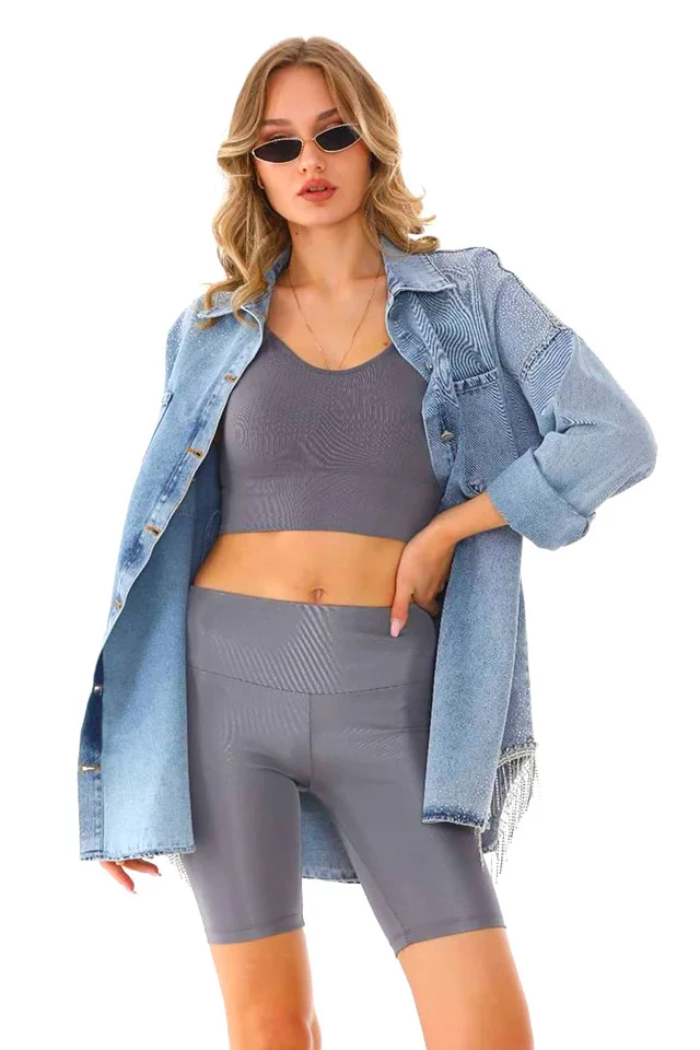 Geaca lunga de blugi Trency, croiala tip camasa, cu paiete si franjuri asimetrici, Albastru deschis