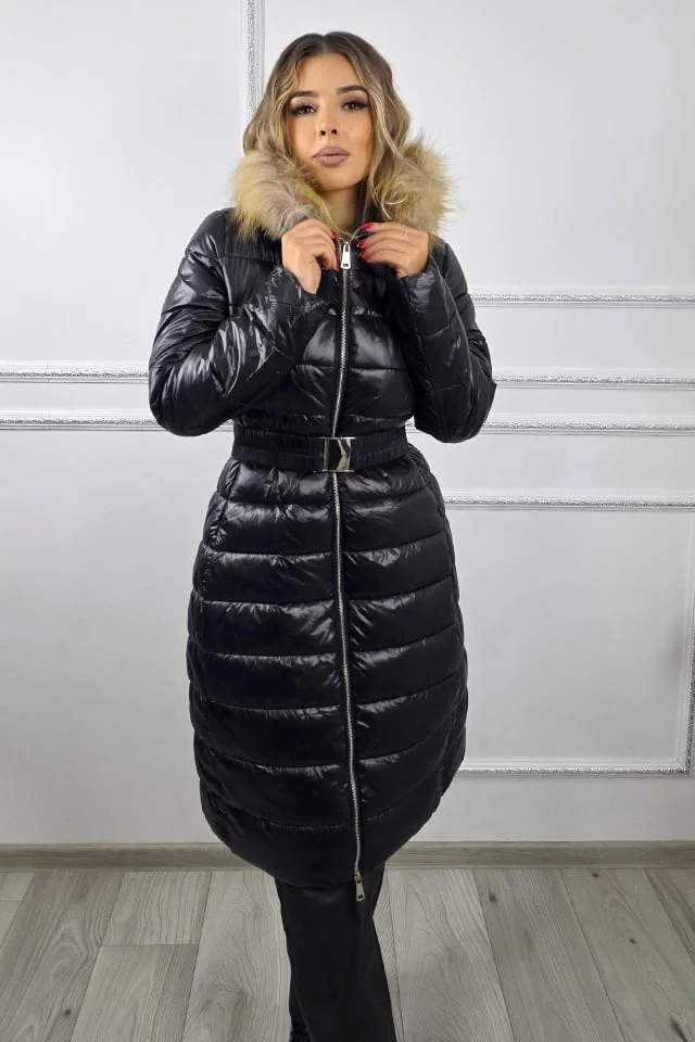 Geaca matlasata, de dama HYRA, cu gluga detasabila din blana naturala, Negru