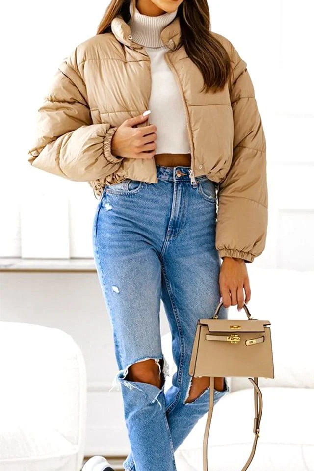 Geaca scurta 2 in 1, Twin, cu aspect matlasat si maneci detasabile, Crem, Marime S/M/L