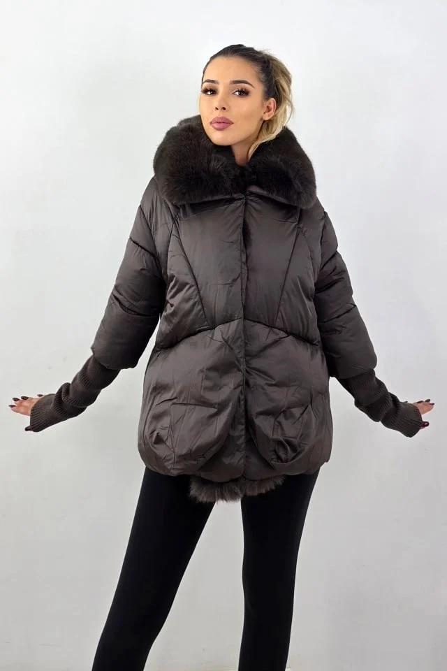 Geaca scurta, bomber hibrid, NERRO, cu buzunare ascunse si blana eco, Maro