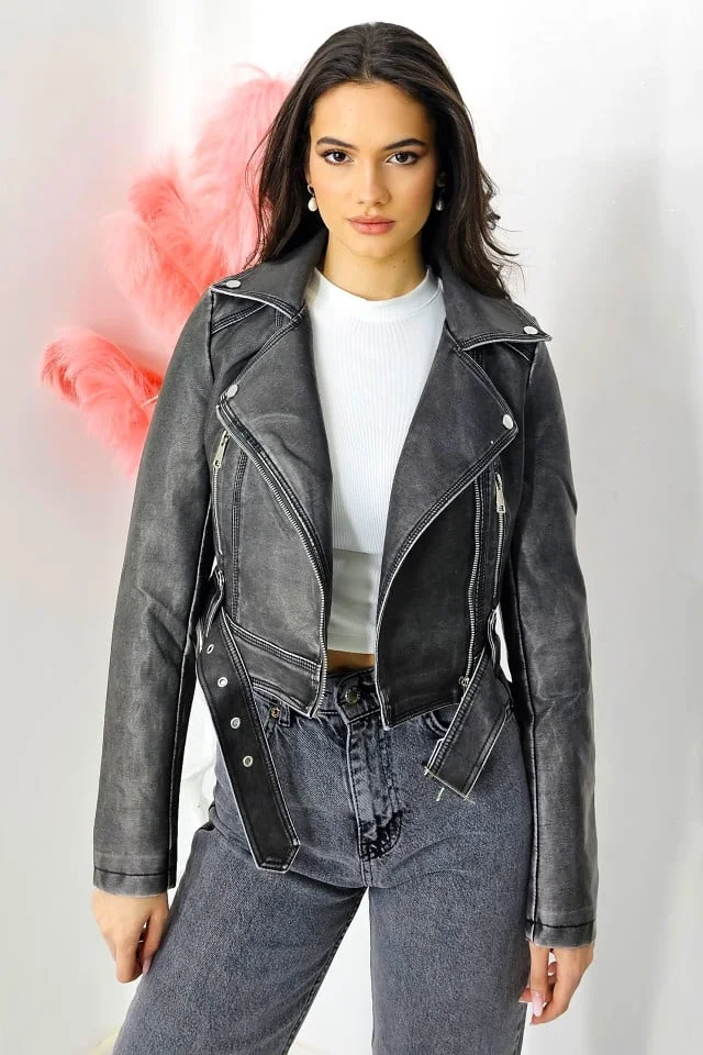 Geaca scurta Costa Rika, din piele ecologica, cu fermoar lateral si curea decorativa, Gri