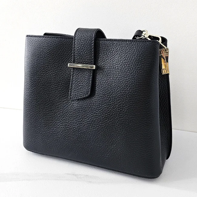 Geanta business, Elite Move, din piele naturala tip structured si curea detasabila, Negru