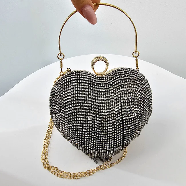 Geanta de ocazie, Glimmer, Negru, in forma de inima, cu strasuri si detalii metalice, Lant auriu