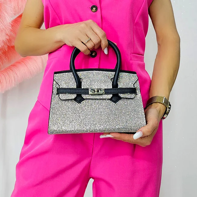 Geanta de ocazie, HeRRa, cu strasuri si catarama metalica, Negru/Argintiu