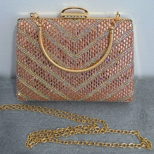 Geanta de seara SUN POP, cu strasuri multicolore si lant detasabil, ROZ