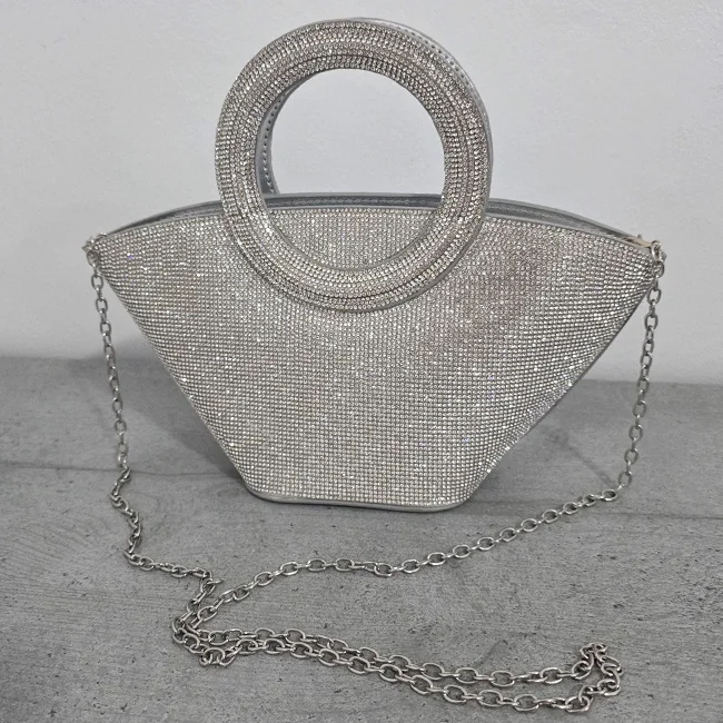 Geanta de seara Trapez, cu lant detasabil si cristale stralucitoare, Argintiu