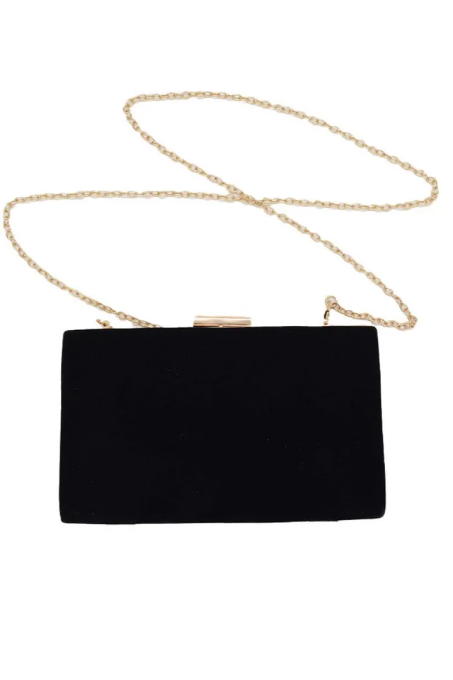 Geanta plic din catifea Jessyca, negru cu lant auriu