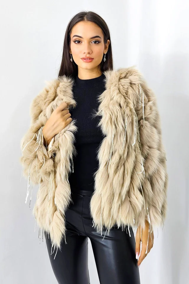 Haina eleganta Aylin, din blana naturala de vulpe, cu paiete asimetrice, Crem, Marime S/M/L