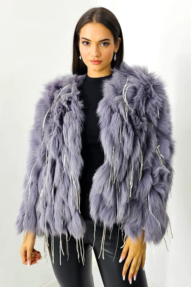 Haina eleganta Aylin, din blana naturala de vulpe, cu paiete asimetrice, Mov , Marime S/M/L