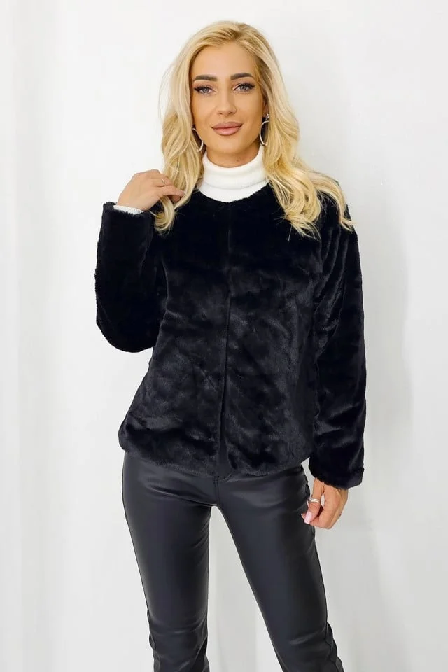 Haina eleganta din blana ecologica Paula cu croi larg, Negru, Marime S/M