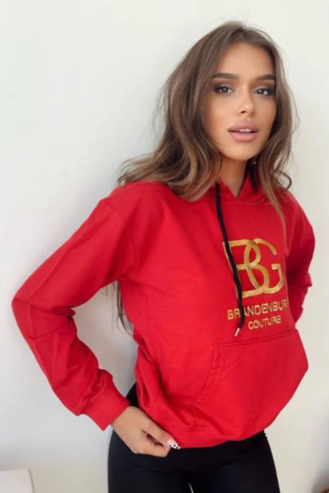 Hanorac dama Lightness, gluga ajustabila cu snur, buzunar oversize si croiala medie, Rosu