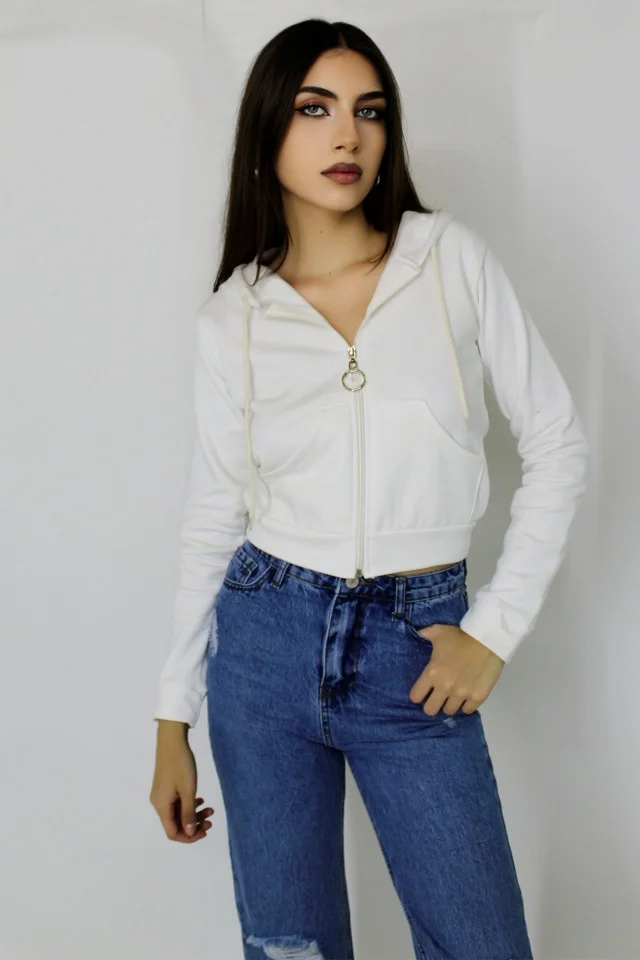 Hanorac scurt Adele, cu fermoar, buzunare si gluga cu snur, Alb
