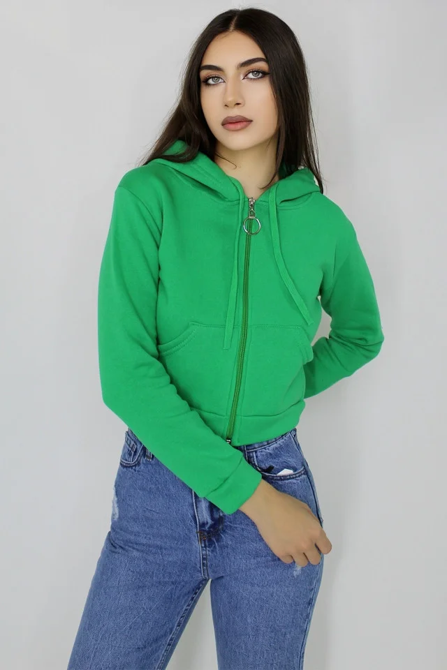 Hanorac scurt Adele, cu fermoar, buzunare si gluga cu snur, Verde