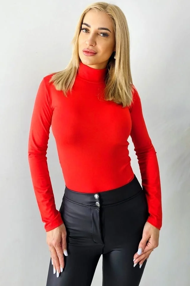 Helanca subtire de dama Lady Liza, cu guler inalt, Rosu aprins