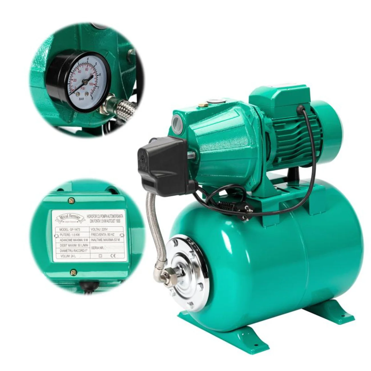 Hidrofor din Fonta cu Pompa Autoamorsanta Micul Fermier Autojet 100S, Rezervor 24 Litri, 1.5 kW, 3 m3/h, H Refulare 53 m (GF-1473)