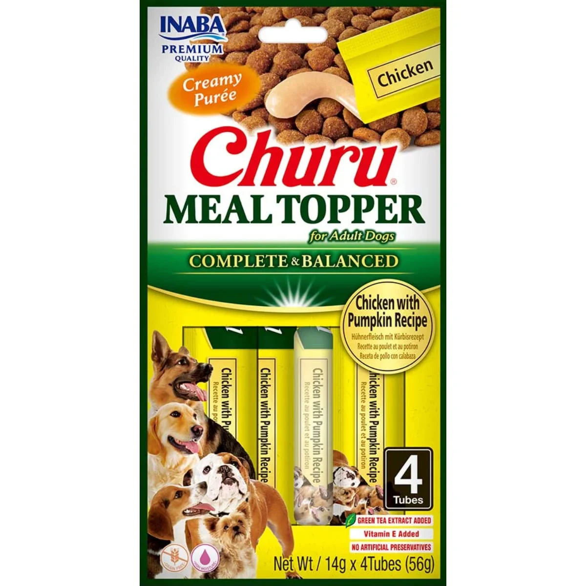 INABA Churu Meal Topper, XS-XL, Pui și dovleac, plic, tub recompense fără cereale câini, (piure), 56g