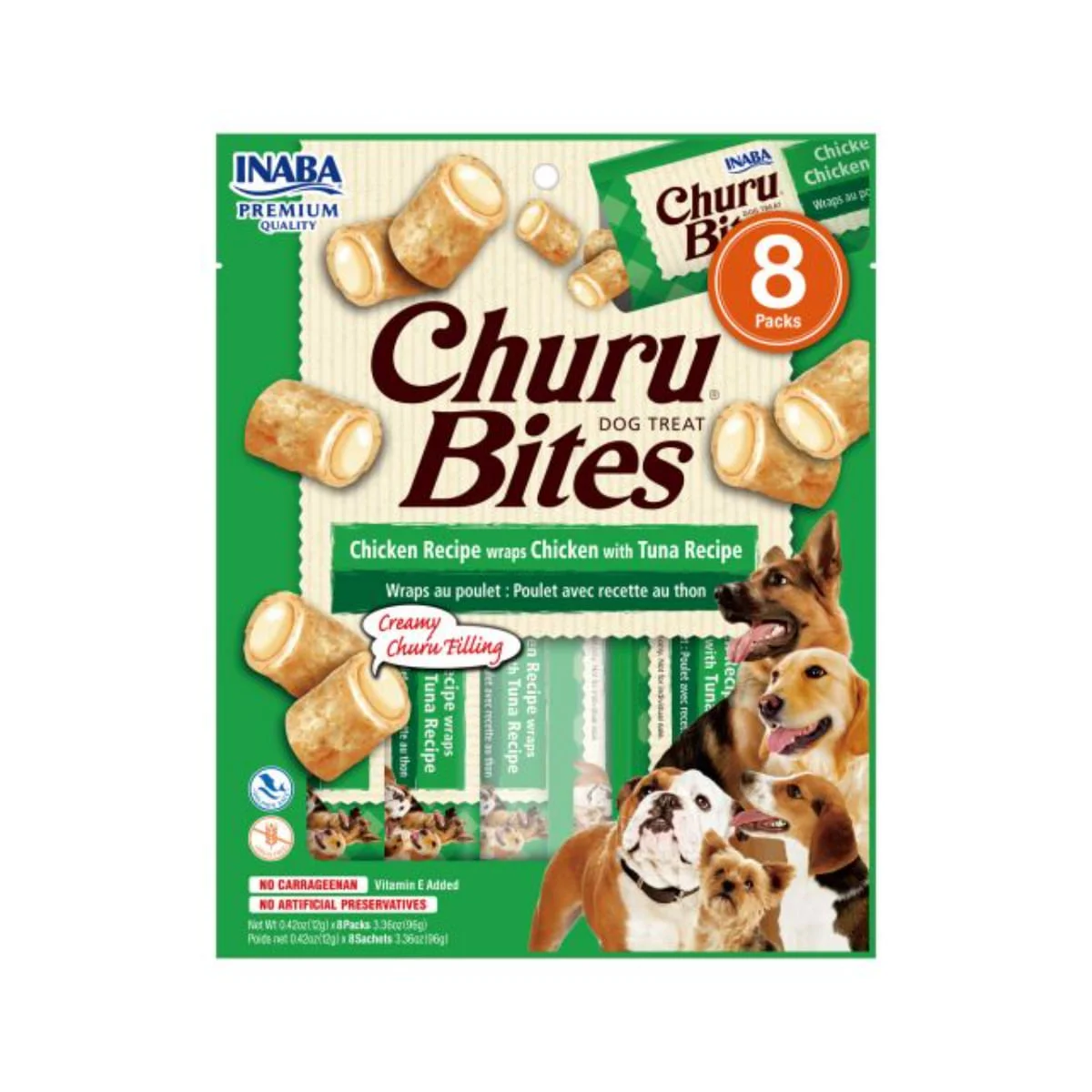 INABA Churu Rolls, XS-XL, Pui și Ton, plic, tub recompense fără cereale câini, 56g