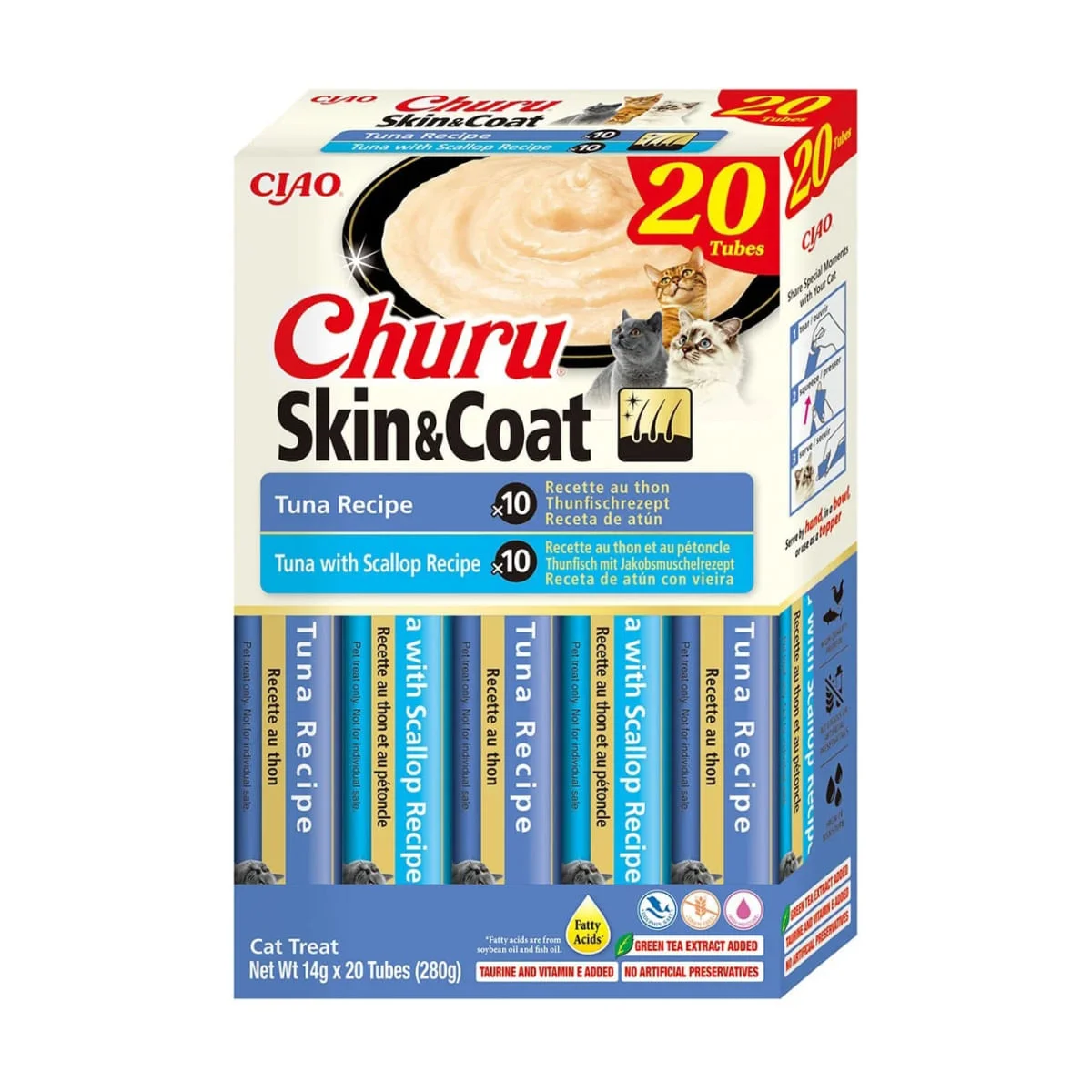 INABA Churu Skin&Coat Tuna Varieties, Ton, cutie recompense fără cereale pisici, (piure), 280g