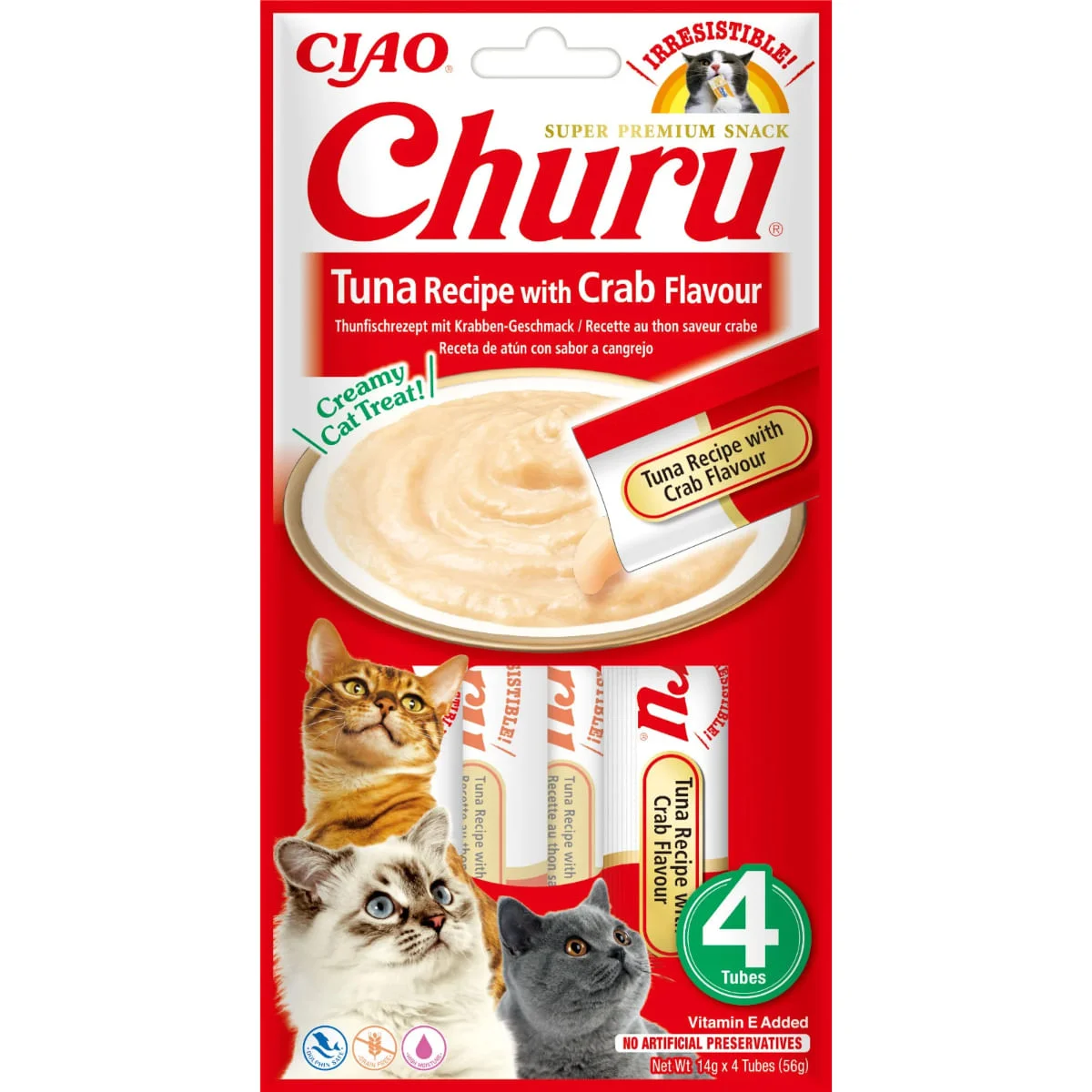 INABA Churu, Ton și Creveți, plic, tub recompense fără cereale pisici, (piure), 56g