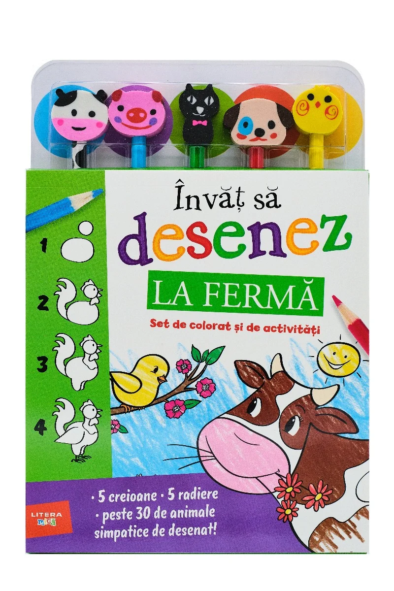 Invat sa desenez. La ferma. Set de colorat si de activitati (contine 5 creioane si 5 radiere)