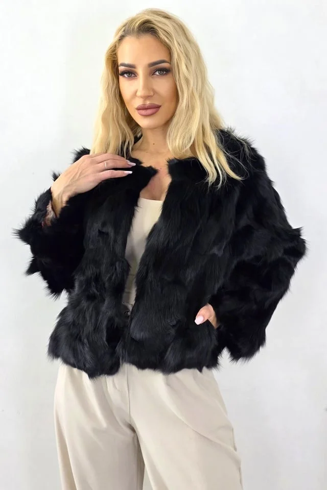 Jacheta scurta Benjo, din blana naturala de vulpe, Negru