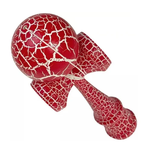 Kendama profesionala din lemn 18 cm model clasic cu design crapat culoare Rosu/Alb