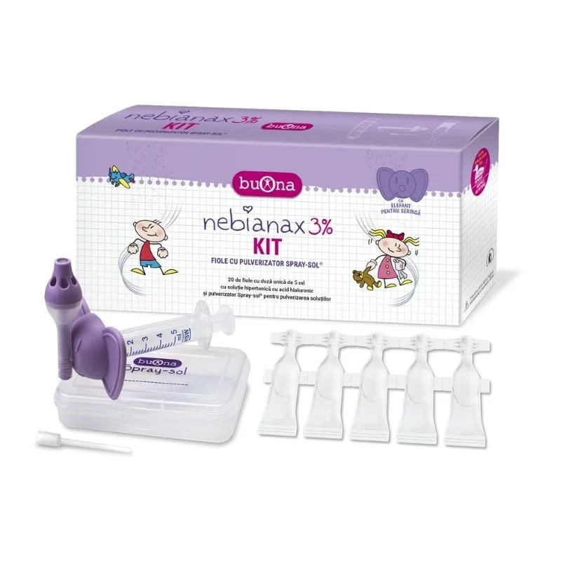 Kit Solutie salina hipertonica 3% cu acid hialuronic + Pulverizator Spray Sol, 20*5ml, Nebianax