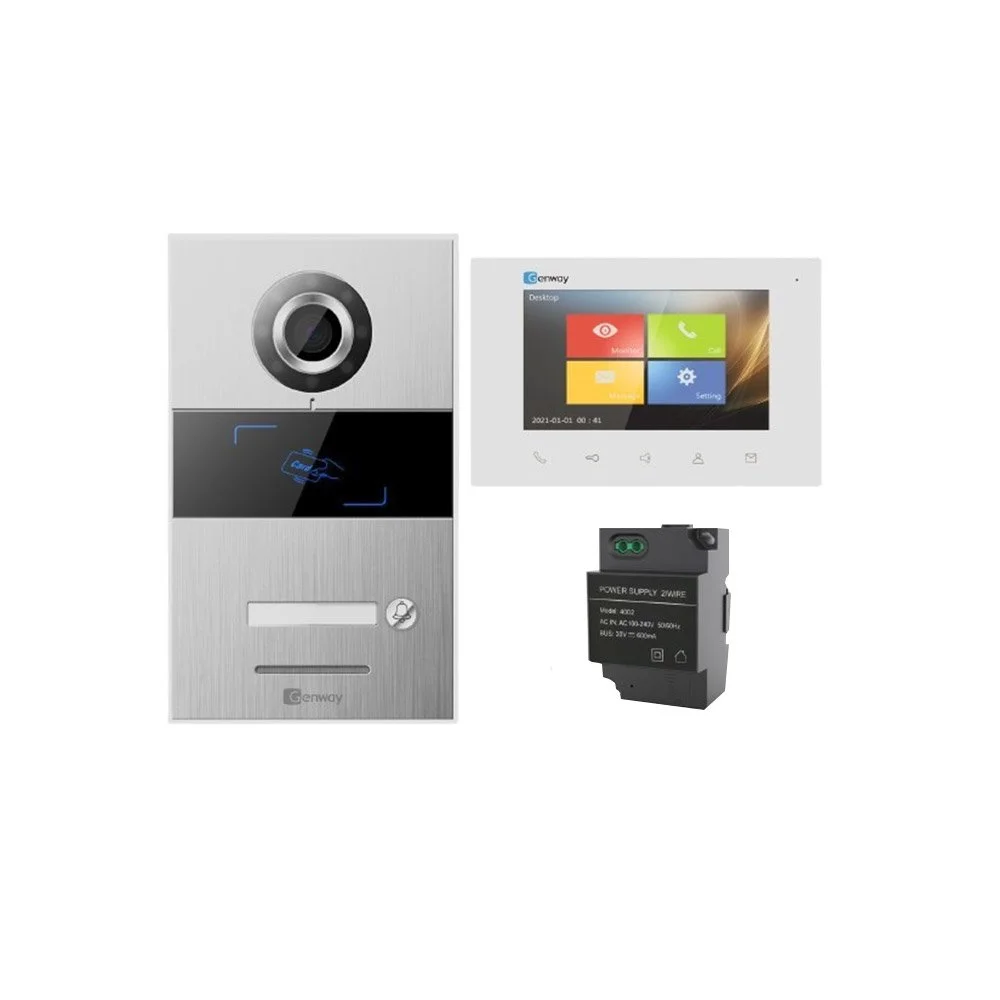 Kit videointerfon Genway FS8V14, 2.2 mm, RFID 125 Khz, 7 inch, slot card, instalare pe 2 fire, sursa alimentare