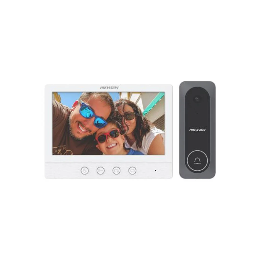 Kit videointerfon pe 4 fire Hikvision DS-KIS212, 1 familie, ecran 7 inch, IR 3 m, microfon si difuzor, plug and play, aparent