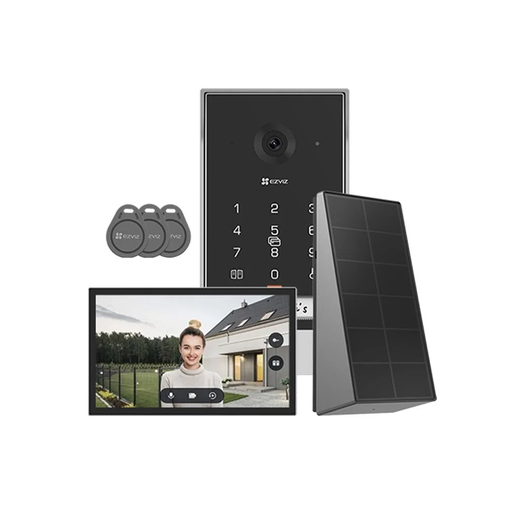 Kit videointerfon WiFi wireless cu panou solar si sonerie EZVIZ CS-EP7-3MP-SP, 3 MP, 2.0 mm, IR 5 m, 7 inch, 2600 mAh, PIN , RFID, slot card, aplicatie mobila