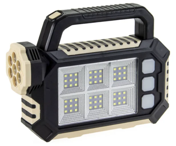 Lanterna solara HS-8029-7-A multifunctionala  cu 3 surse de lumină: 7 LED-uri SMD în față, 54 LED-uri SMS pe lateral, 3 mini panouri LED-uri pe lateral