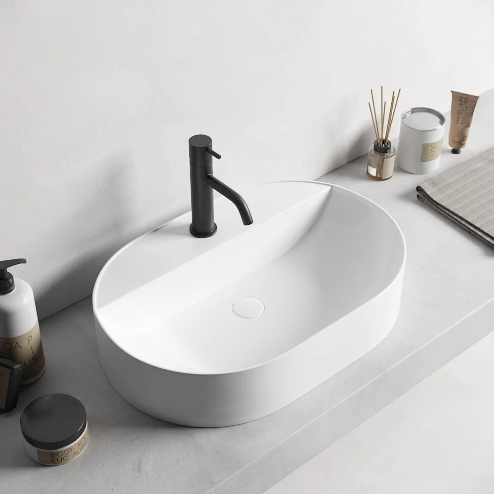 Lavoar baie pe blat, alb, cu orificiu baterie, fara ventil, Foglia Maurice