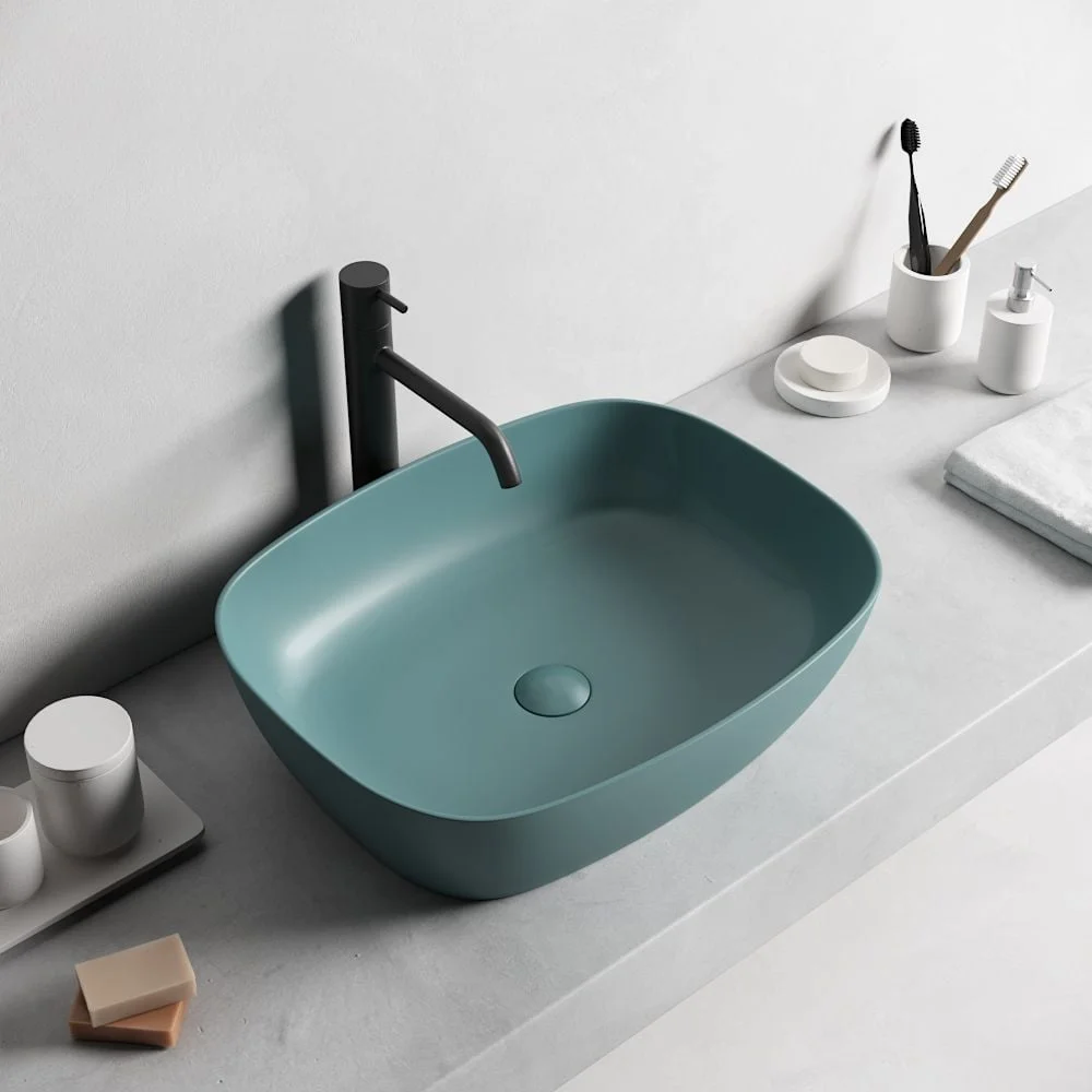 Lavoar baie pe blat, dreptunghiular margini rotunde, verde turcoaz mat, Bristol Foglia