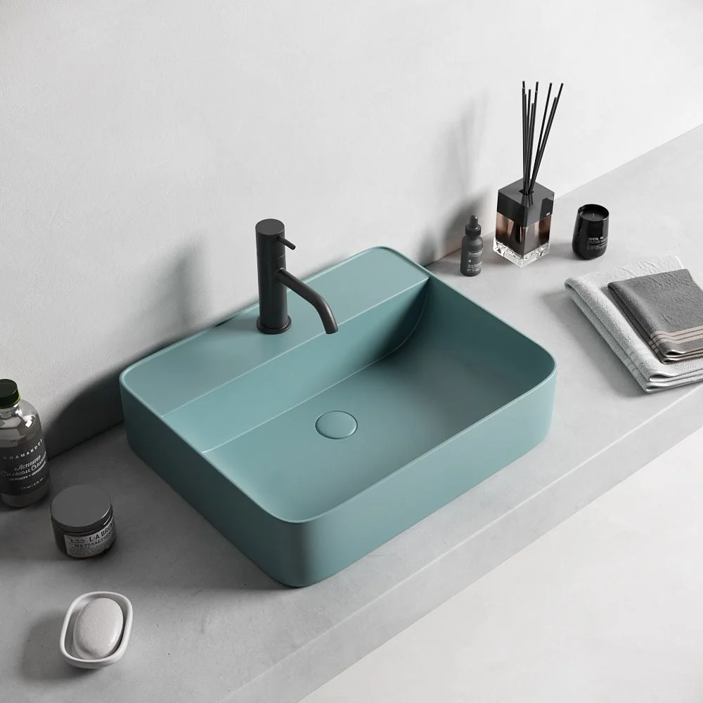 Lavoar baie pe blat, verde turcoaz mat, dreptunghiular, cu orificiu baterie, Foglia Golar