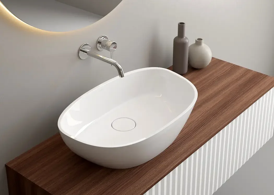 Lavoar compozit cu montare pe blat, 60x36 cm, alb lucios, Foglia Ondo Curve