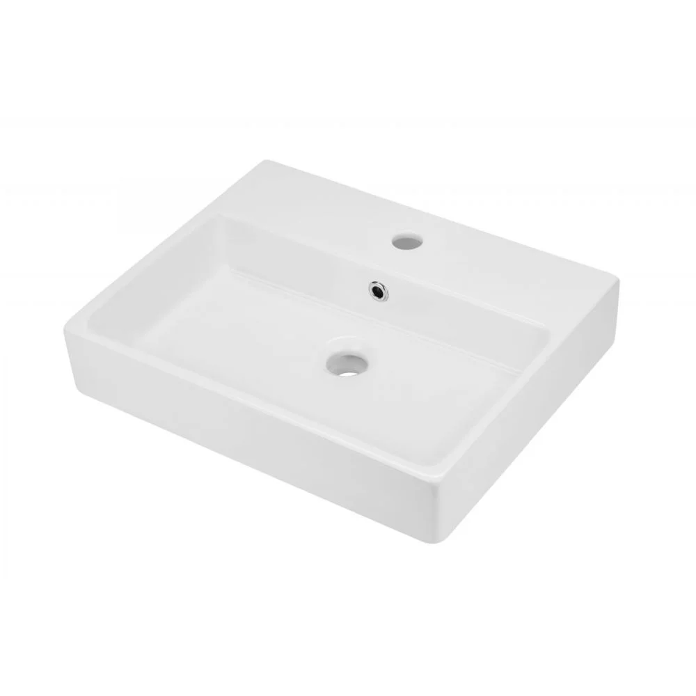 Lavoar pe blat alb lucios 50 cm, dreptunghiular, orificiu pentru baterie, Deante Temisto