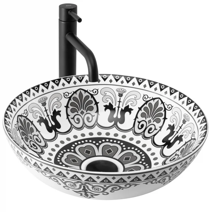Lavoar pe blat cu design rotund cu model etnic alb-negru, Rea Etno