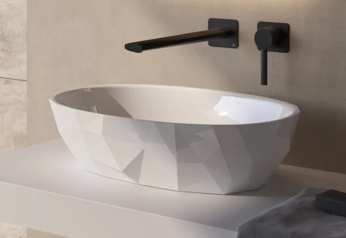 Lavoar pe blat din compozit alb lucios 56 cm, oval, 3D, Marmite Aruba