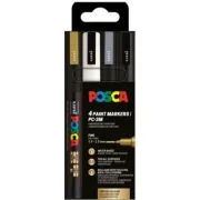 Marker UNI Posca PC-3M, varf rotund, 0. 9-1. 3mm, set 4 culori (negru, argintiu, auriu, alb)