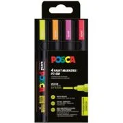 Marker UNI Posca PC-5M, varf rotund, 1. 8-2. 5mm, set 4 culori fluorescente (orange, roz, rosu, galben)