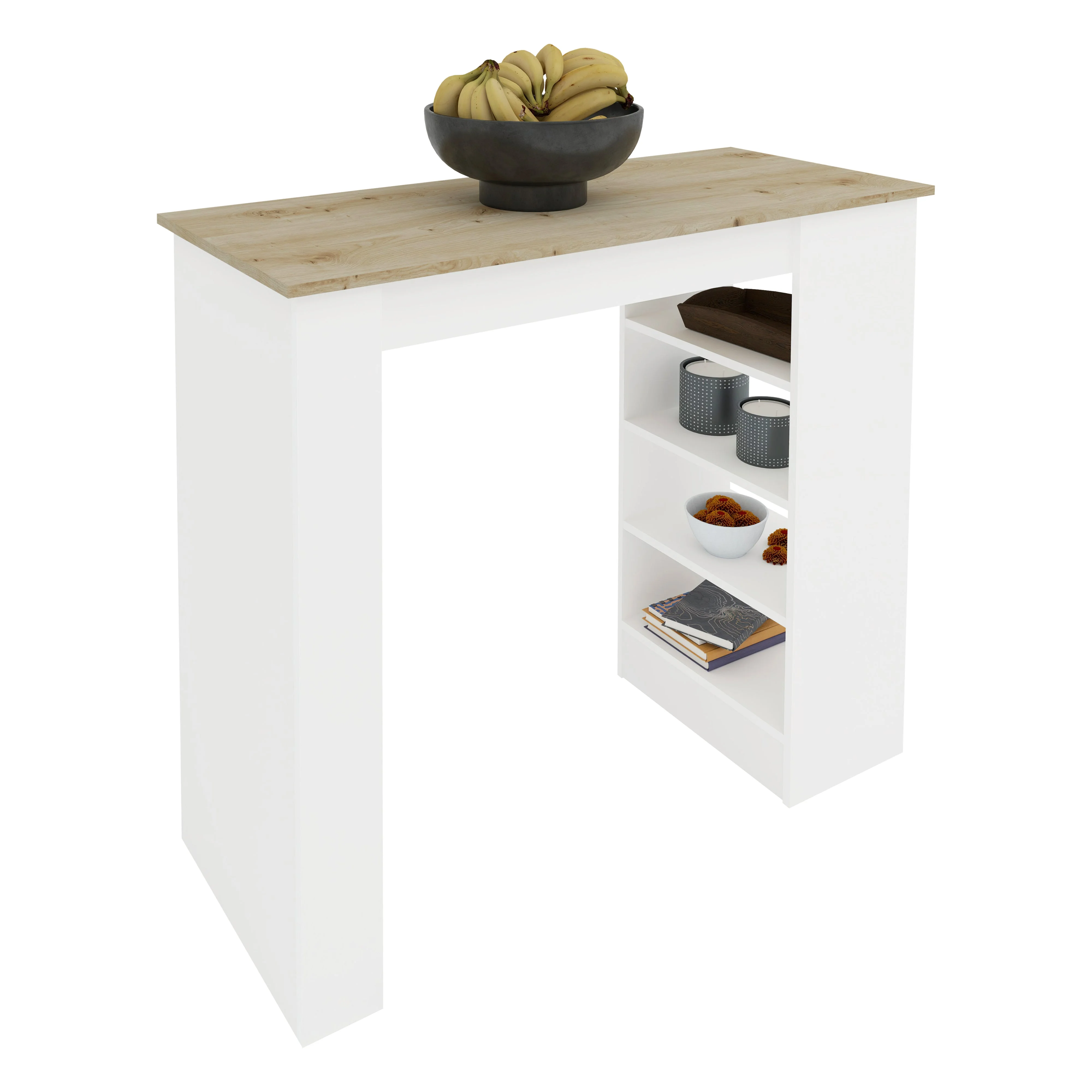 Masa Bar Vista, 4 rafturi, Alb/Stejar Artisan, 120 x 50 x 100 cm