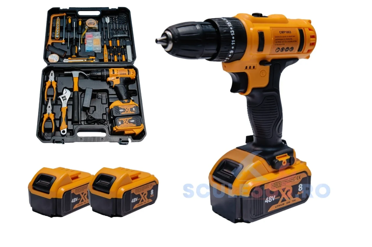 Masina de gaurit si insurubat cu percutie 120 piese, 48v, 2 acumulatori, trusa, incarcator inclus, bormasina autofiletanta 8AH, 1300rpm, Campion CMP1663