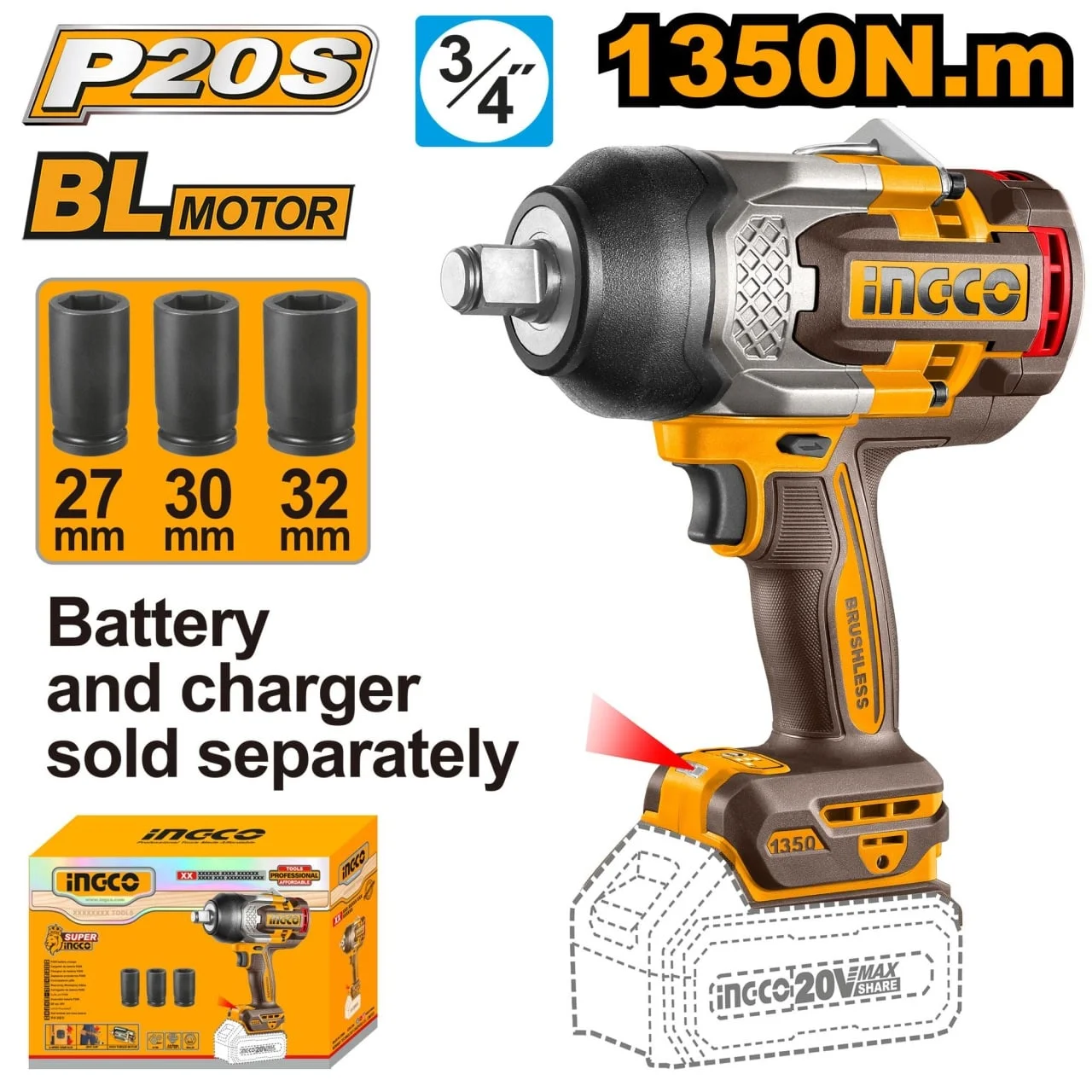 Masina de insurubat Pistol cu impact 1900nM, 2200rom, 20V, fara acumulator P20S, Ingco CIWLI201351