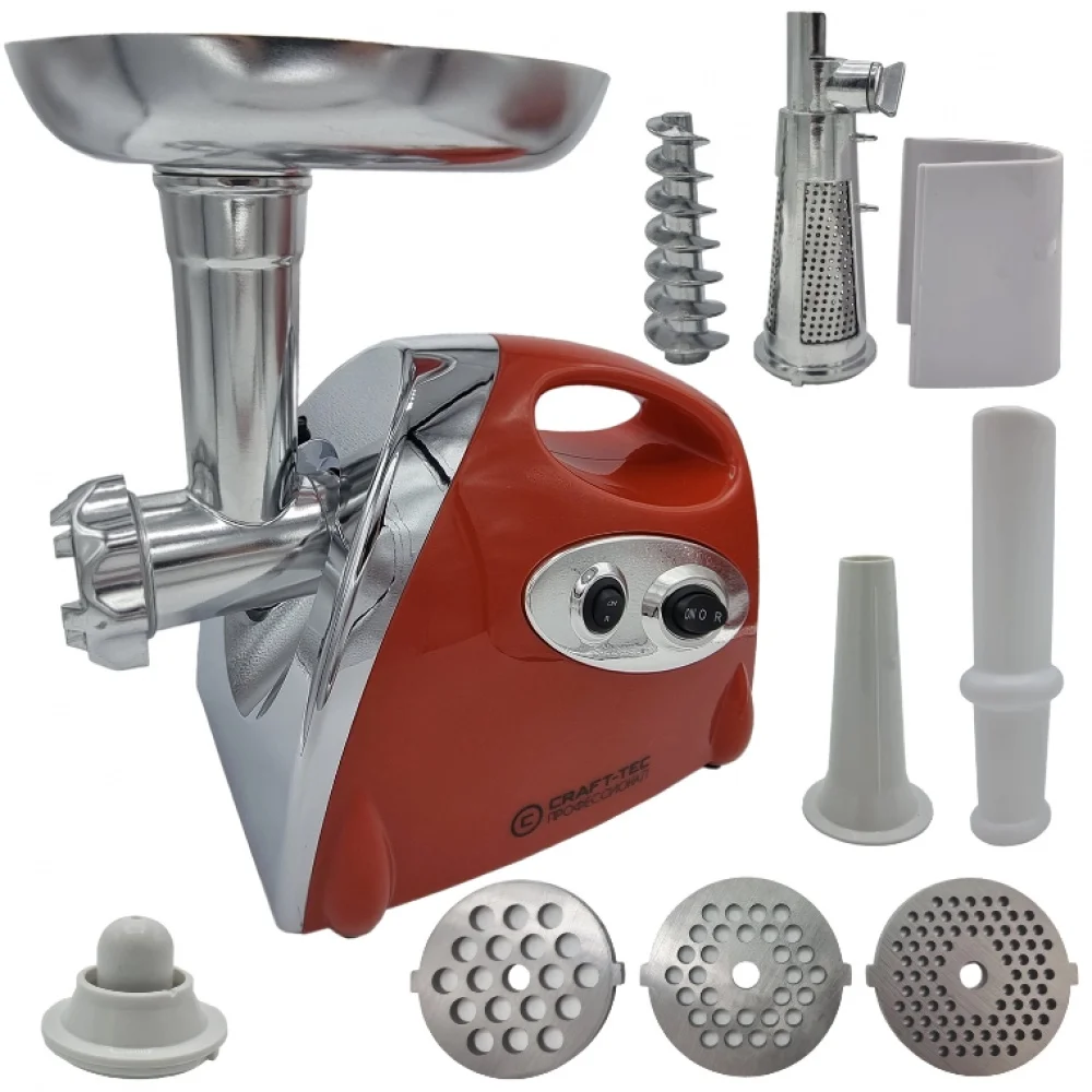 Masina electrica tocat carne Craft-Tec MX713, 3800W, 1.6 Kg/min, 3 site inox, functie Reverse, accesorii carnati, rosii, chiftele, 230V, 50Hz, clasa II, 30.5x25x25.3 cm, 3.3 kg, Rosie