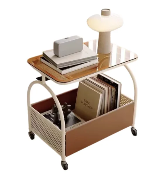 Masuta portabila cu compartiment depozitare blatul din sticla cadru metalic ALBA