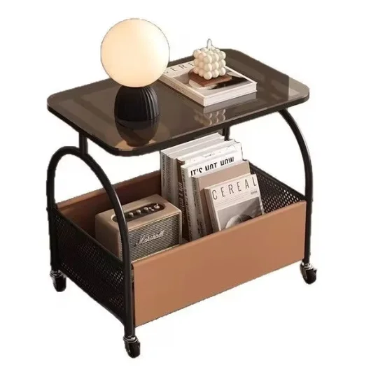 Masuta portabila cu compartiment depozitare blatul din sticla cadru metalic NEAGRA