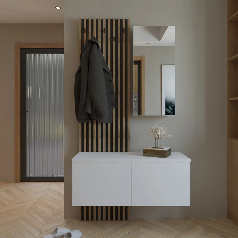 Mobilier de intrare cu oglinda si Riflaj Arika, Sonoma 100x37x199.5 cm