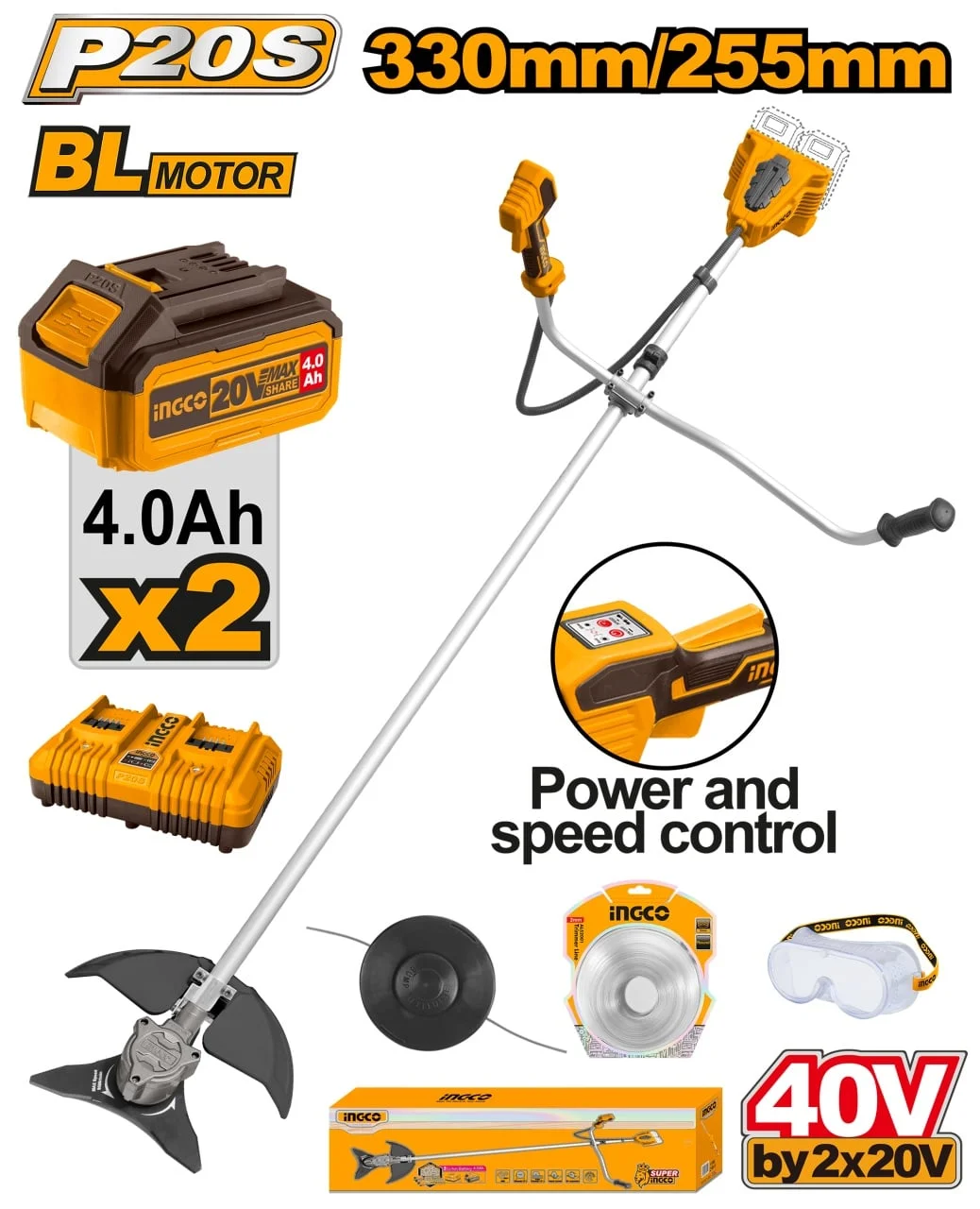 Motocoasa trimmer electric 40V cu 2 acumulatori 4Ah, Ingco CSTLI202522