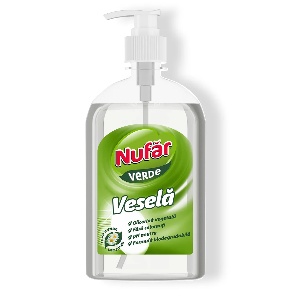 Nufăr Verde Veselă Cu Glicerină și Mușețel, Detergent Biodegradabil Pentru Vase, 500 Ml